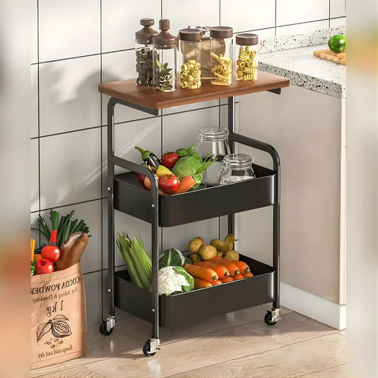 3 Tier Metal Utility Rolling Storage Organizer Cart with Wooden Tabletop
