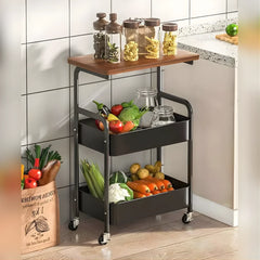 3 Tier Metal Utility Rolling Storage Organizer Cart with Wooden Tabletop