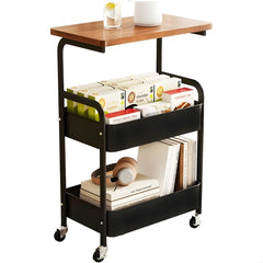 3 Tier Metal Utility Rolling Storage Organizer Cart with Wooden Tabletop