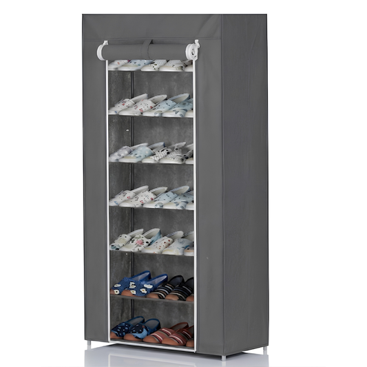7 Layer Dustproof Shoe Rack with Rolling Double Zipper Fabric Protection Cover Grey