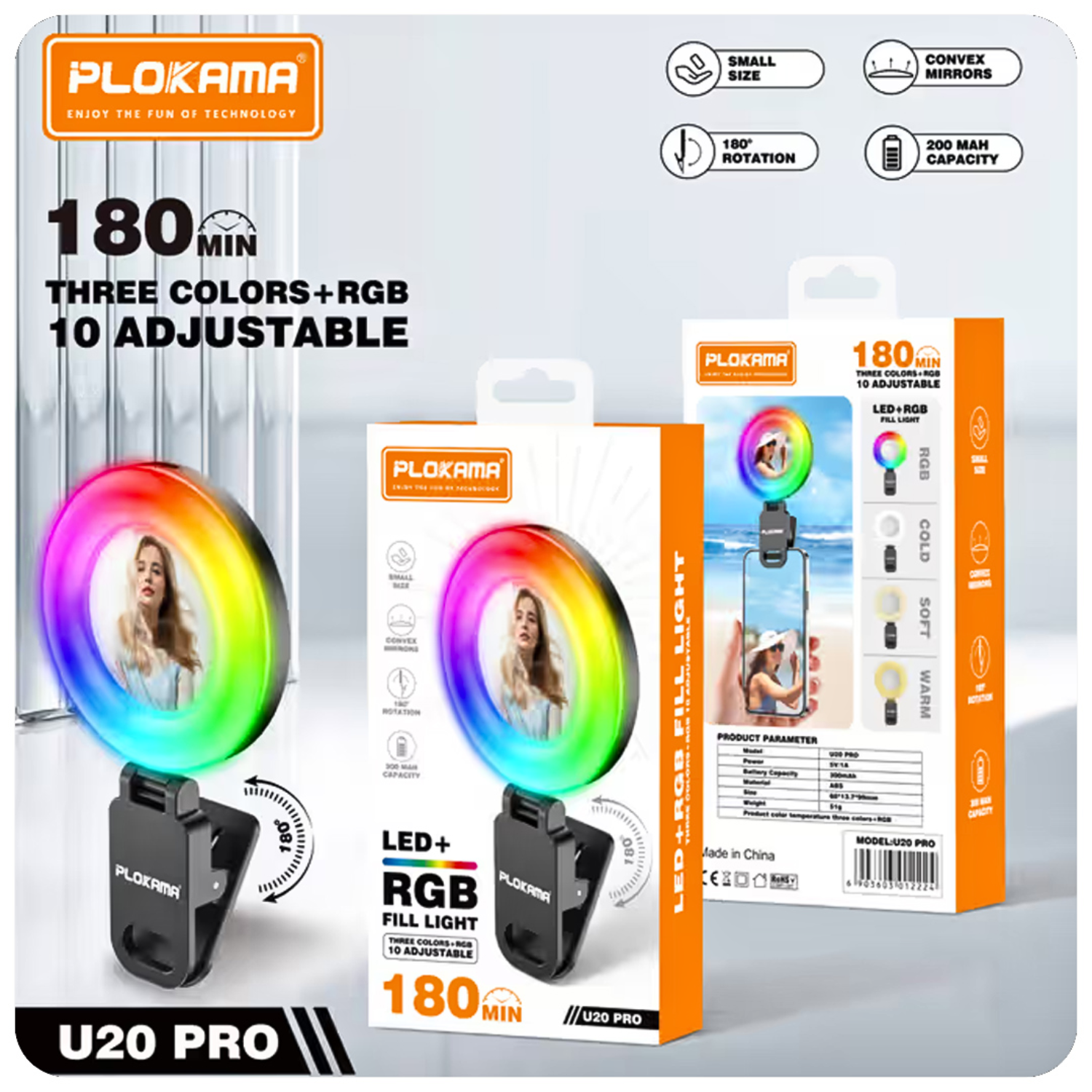 Plokama U20 Pro RGB LED Phone Clip Fill Light Selfie Ring Light with Mirror