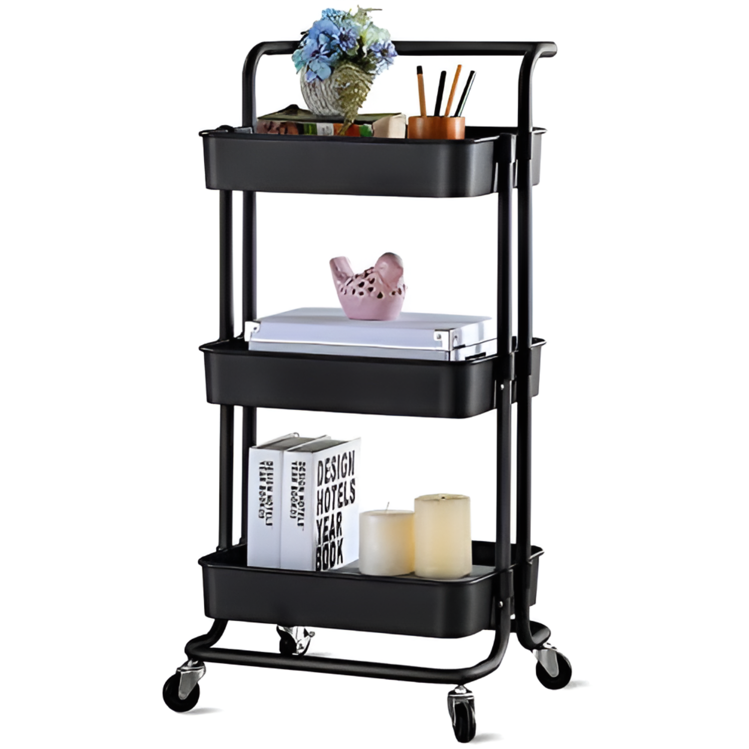 3 Tier Baskets Trolley Cart Organizer Rack with Swivel Wheels for Kitchen, Pantry, Bathroom and Living Room