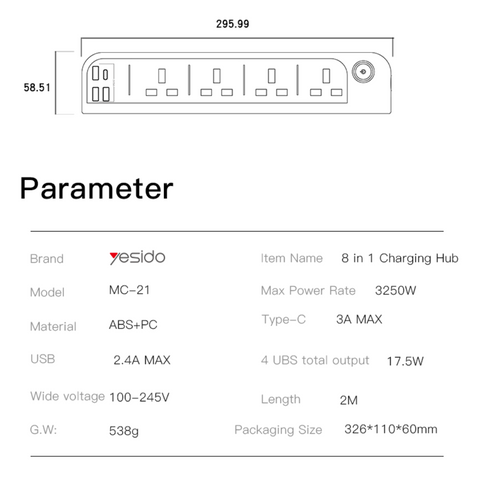 3250W Power Socket Extension - 15W Fast Charging Power Hub Yesido MC21