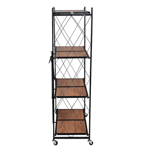 Foldable Storage Rack with Wooden Shelf for Kitchen and Home