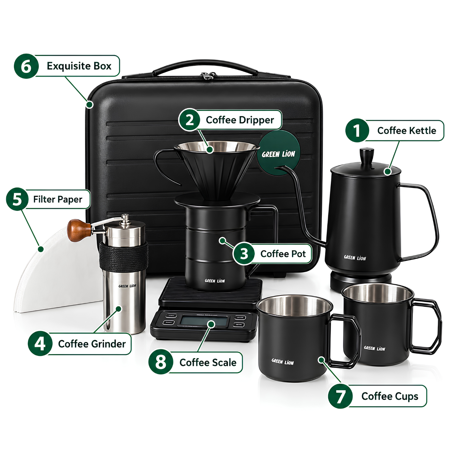 Green Lion V60 Pro 7 IN 1 Coffee Maker Set, Portable Pour Over Coffee Kit