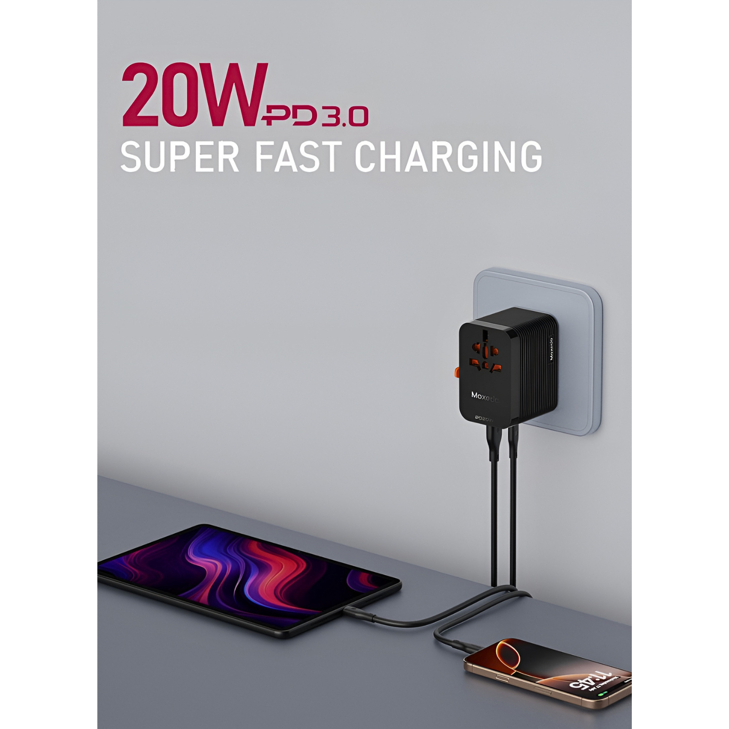 Moxedo Universal Plug Plus 20W GaN Travel Adapter Worldwide Fast Charging Hub