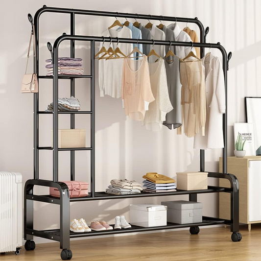 Double Pole Multifunctional 58Kg Double Layer Clothes Hanger with Wheels