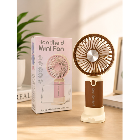 Rechargeable Handheld Mini Fan with Mobile Phone Holder Bracket Brown