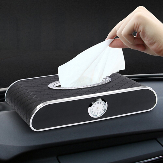 Leather Tissue Holder Box with Time Clock for Car