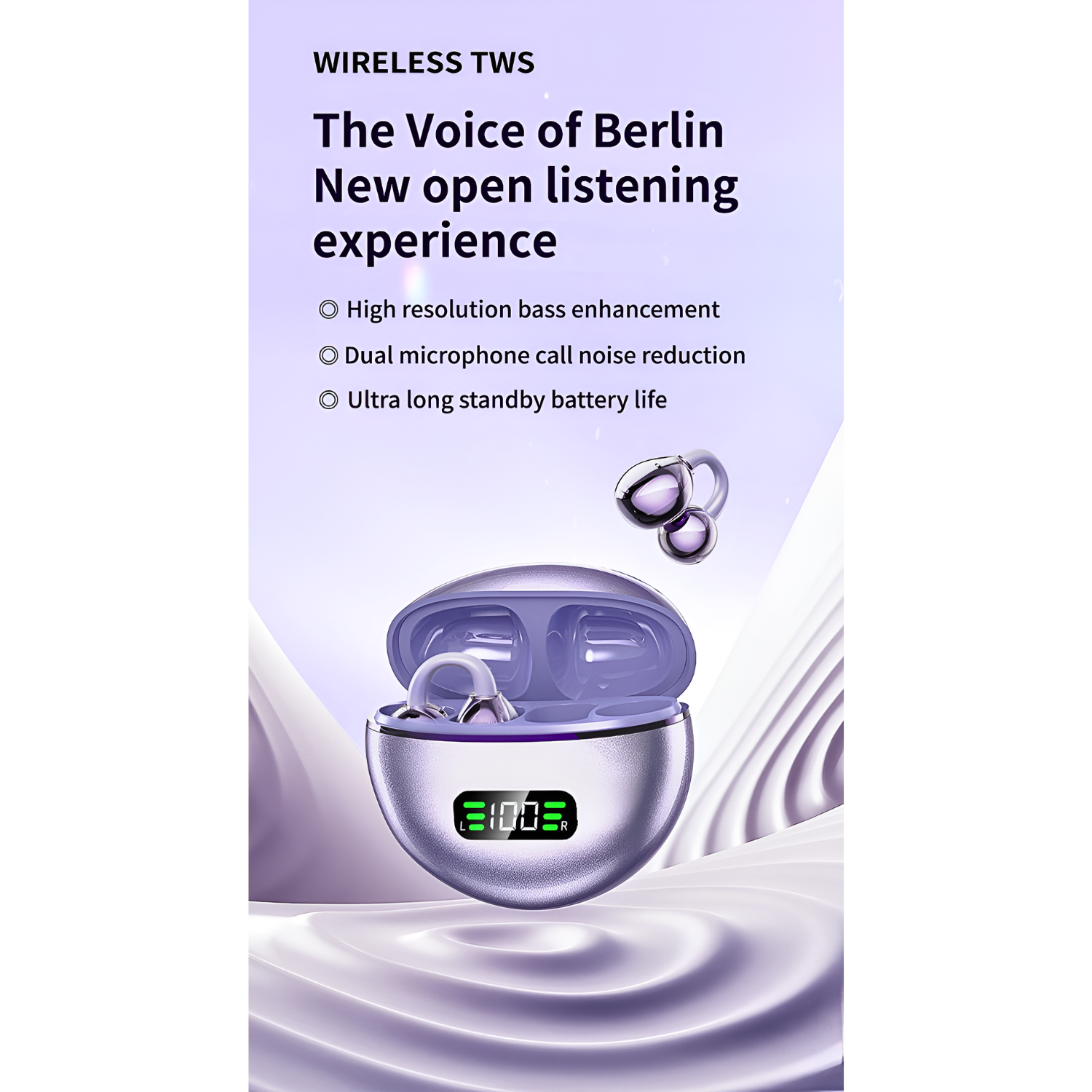 Q71 Wireless Clip On Earbuds, Sports Silicone TWS Earphone with Noise Reduction and Digital Display