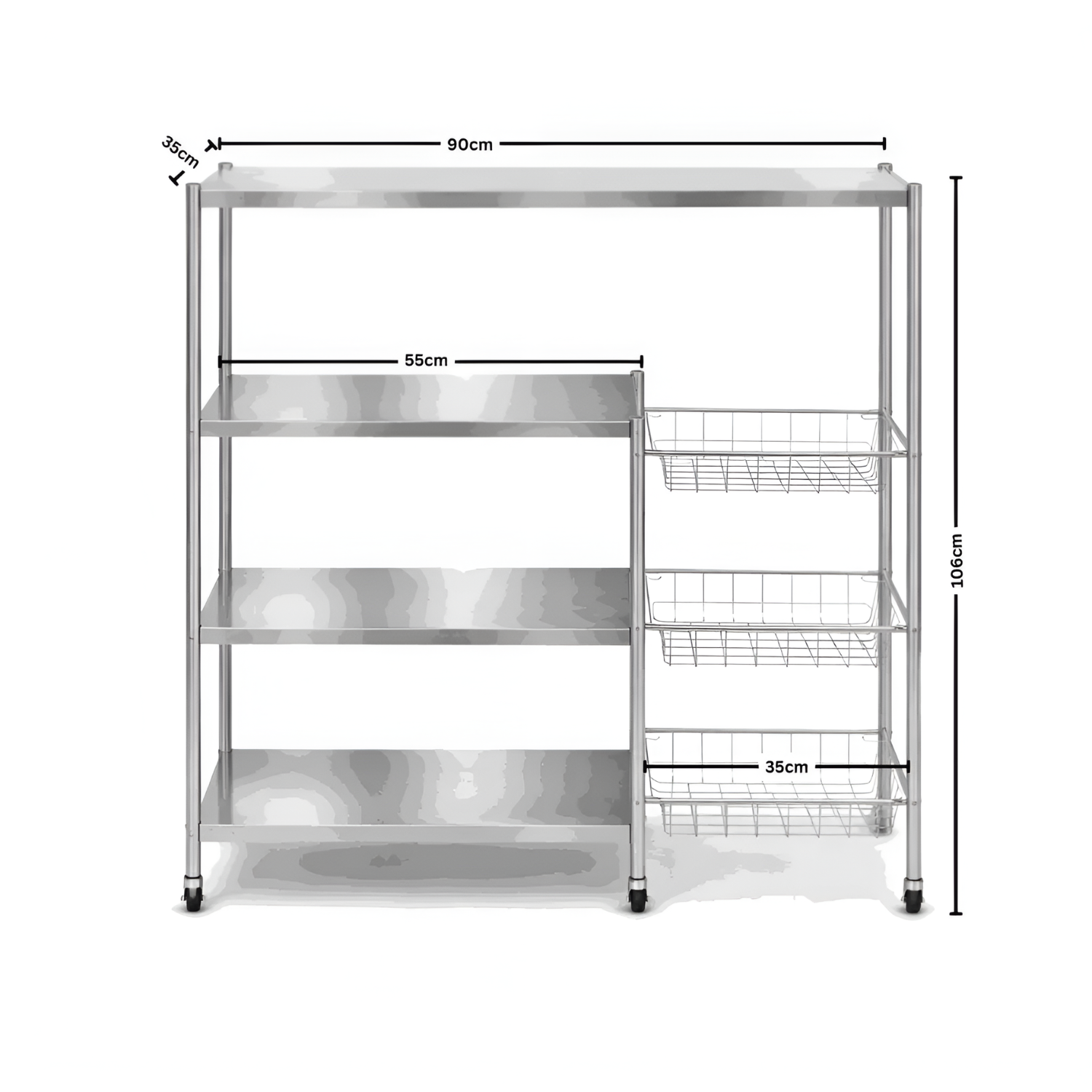 Full Stainless Steel Kitchen Utility Storage Rack with Mesh Baskets and Wheels