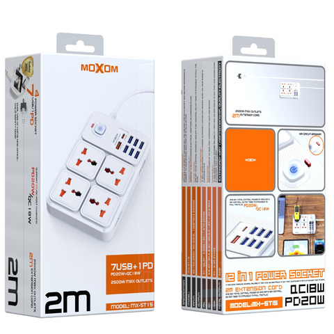 Extension Board - MOXOM MX-ST15 PD20W+QC18W 2500W Strip USB Adapter