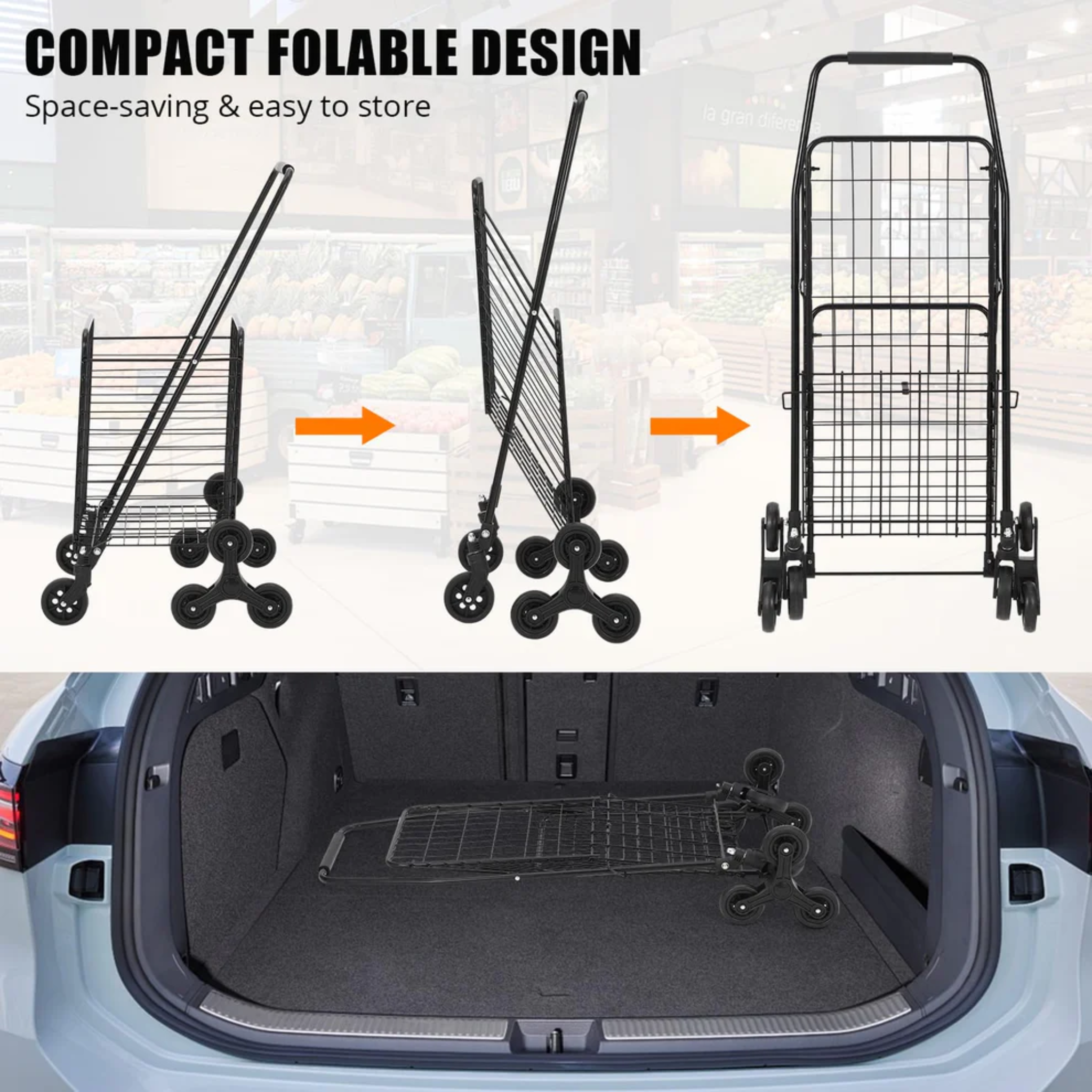 Folding Grocery Cart with Stair Climbing Wheels, Collapsible Utility Shopping Trolley