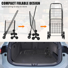 Folding Grocery Cart with Stair Climbing Wheels, Collapsible Utility Shopping Trolley