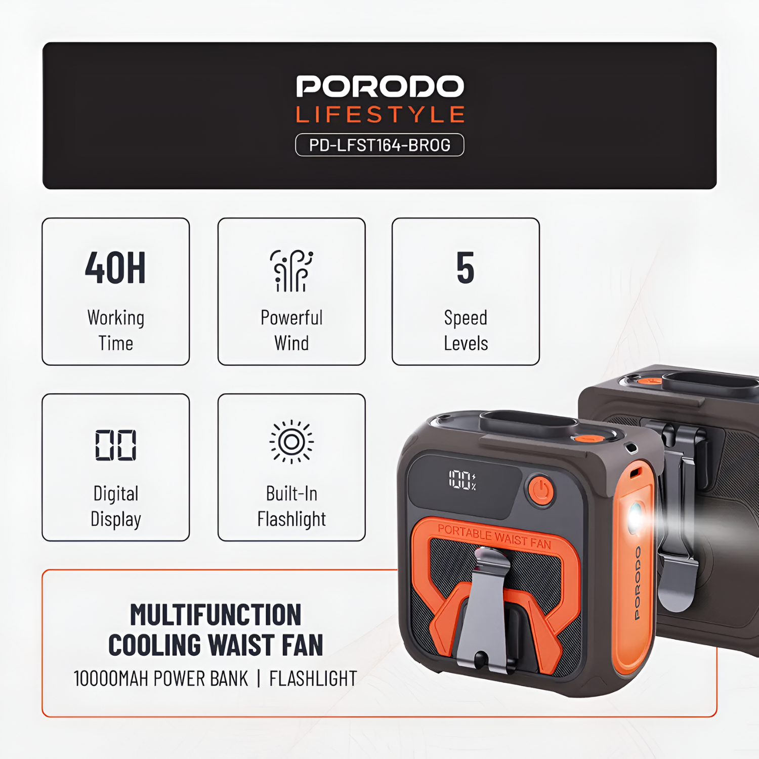 Porodo Multifunction Cooling Waist Fan with Power Bank and Flashlight