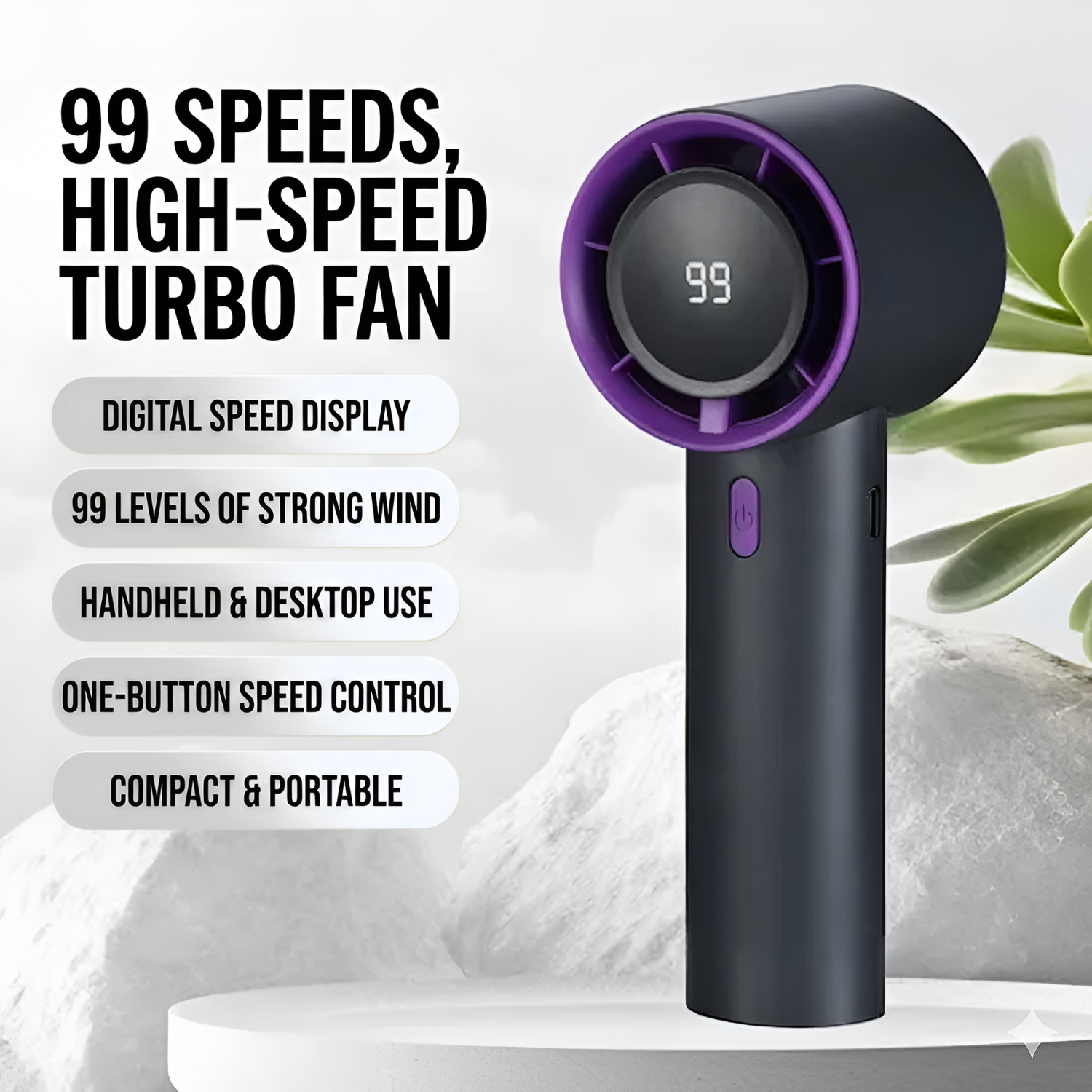 Stepless High Speed Portable Handheld Mini Turbo Fan with USB Charging and Digital Display