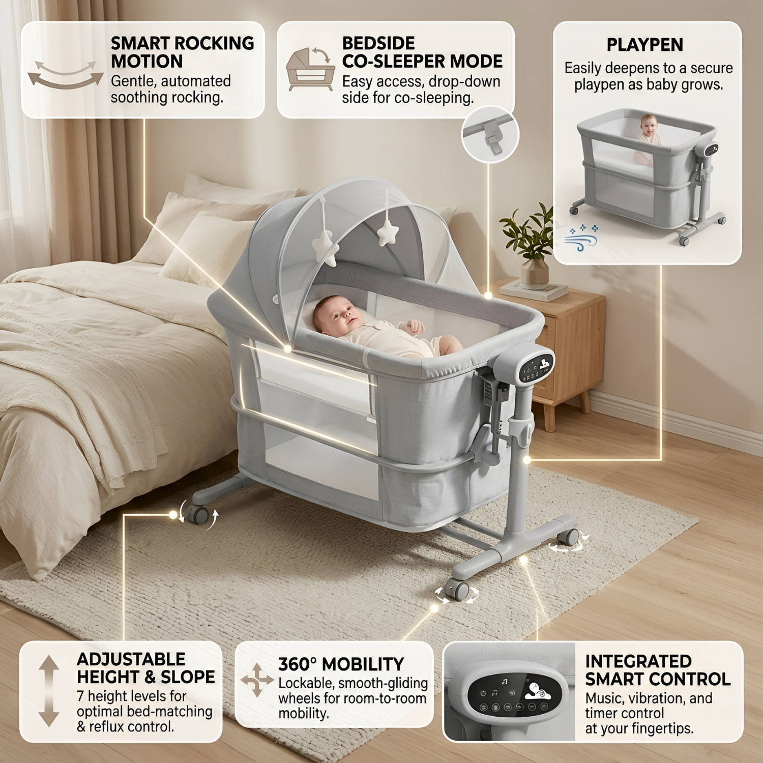 4 IN 1 Multi Functional Bedside Baby Bassinet, Newborn Crib with Breathable Mosquito Net and Mattress