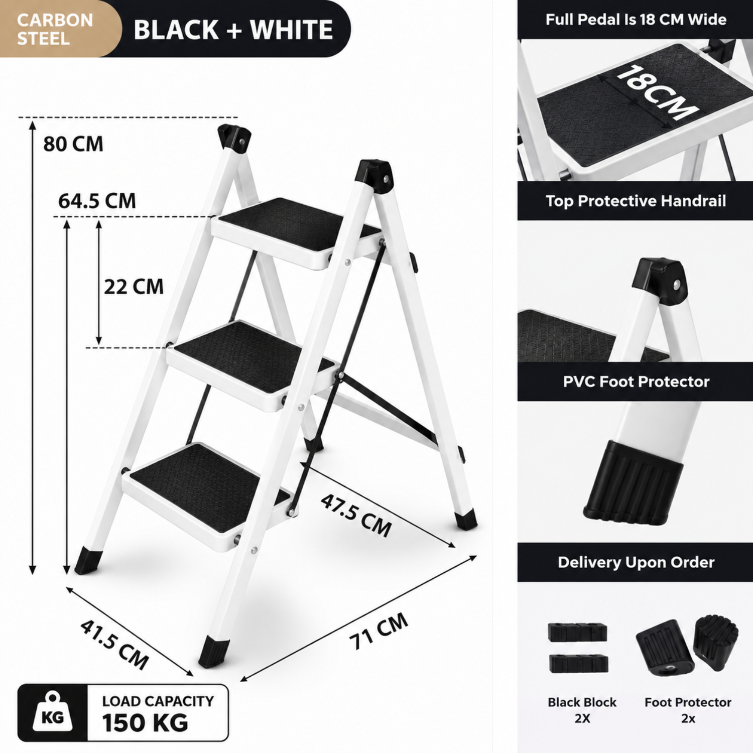 3 Step Stool Ladder with Wide Pedals and 150Kg Load Capacity White
