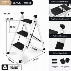 3 Step Stool Ladder with Wide Pedals and 150Kg Load Capacity White