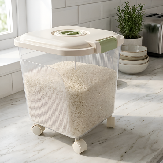 30 Liter Large Capacity Airtight Rice Storage Bucket Container with Wheels, Mug and Secure Latch System