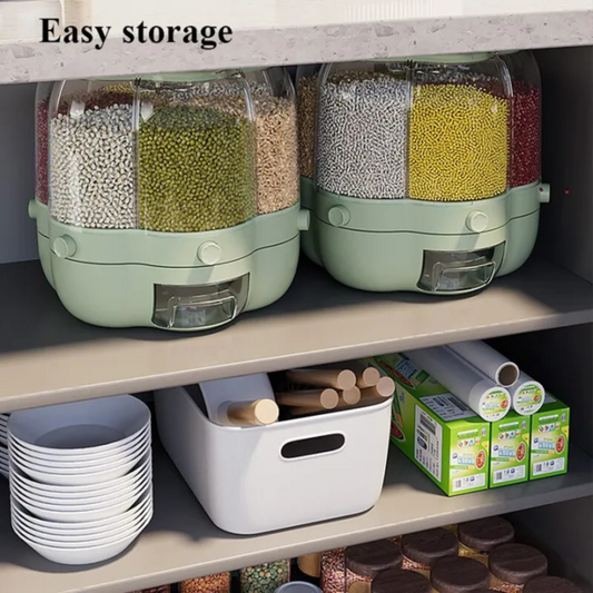 6 Grid Rotating 6.5Kg Rice & Cereal Dispenser Storage Organizer, One-click Rice Output