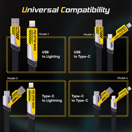 65W 4 IN 1 Braided Fast Charging Cable, USB A, USB C, Lightning Ports