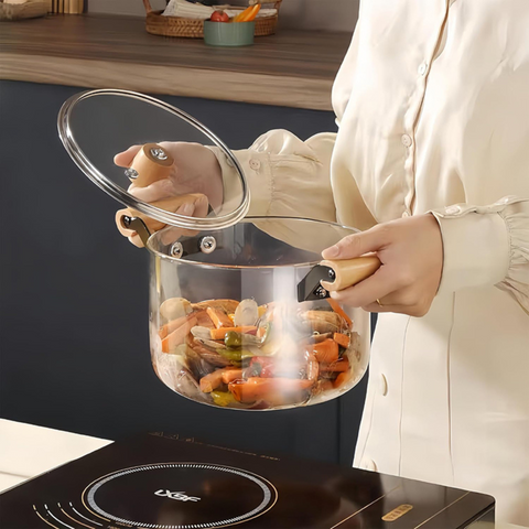 Transparent Glass Pot with Lid and Wooden Handle, High Boron Glass Pot for Gas Stove
