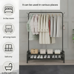 Multifunctional Single Pole Clothes Hanging Rack with Wheels and Bottom 2 Tier Shoe Rails