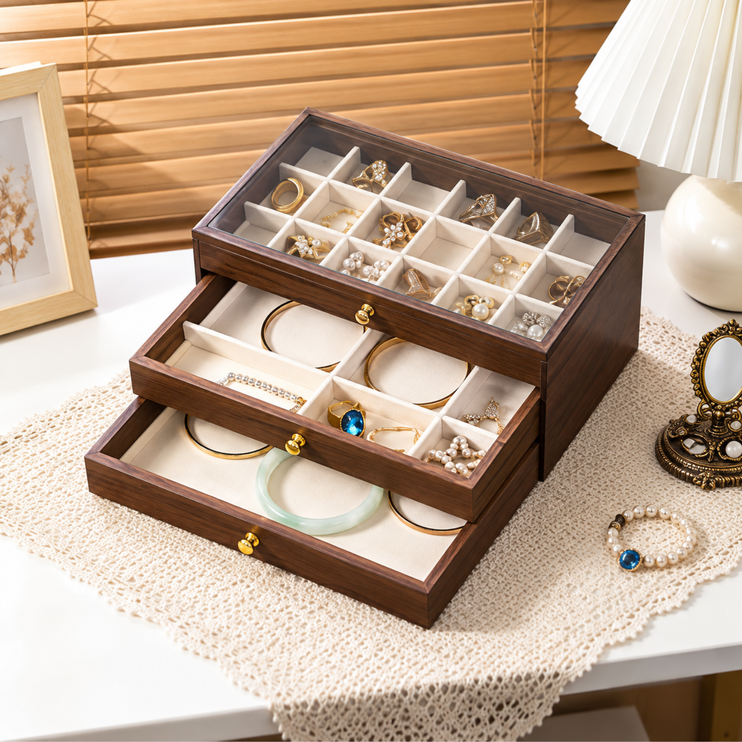 Three Layer Wooden Design Jewelry Organizer Drawer Box