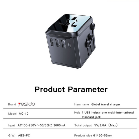 Yesido MC10 Universal Travel Adapter - UK/EU/US/AUS Plugs, 3 USB + 1 USB-C Port