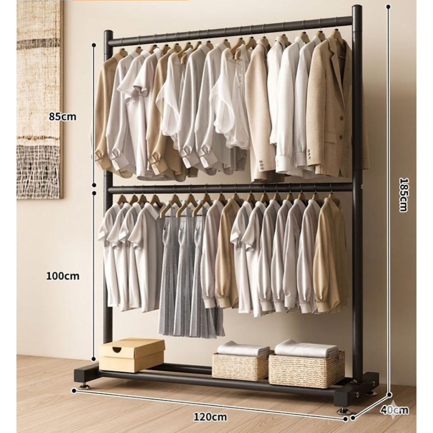 Double Decker Garments Display Rack, High Load Capacity Clothes Hanger 120 x 40 x 185 cm