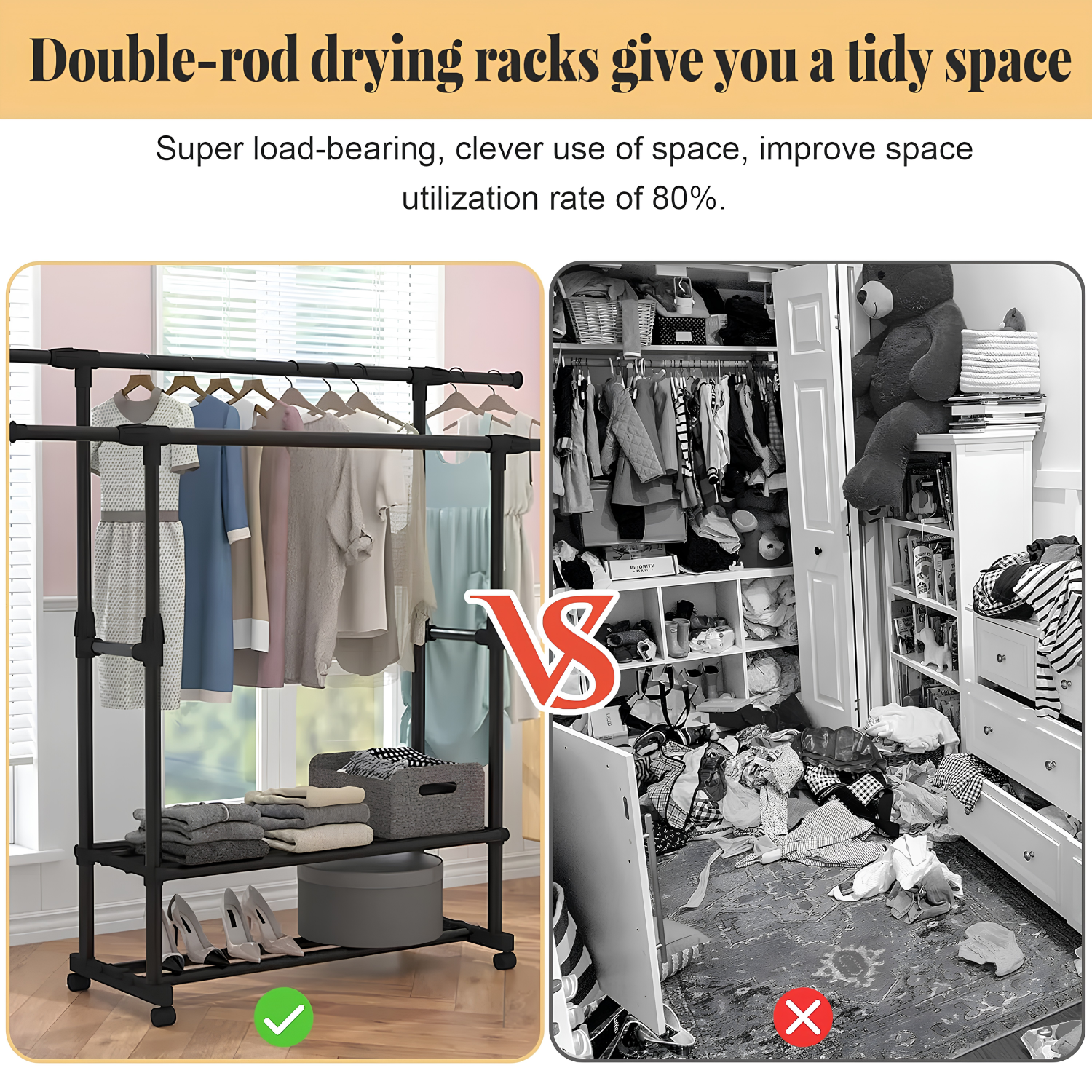 Extendable Double Rod Clothes Rack with Shoe Rack