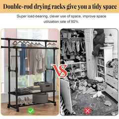 Extendable Double Rod Clothes Rack with Shoe Rack