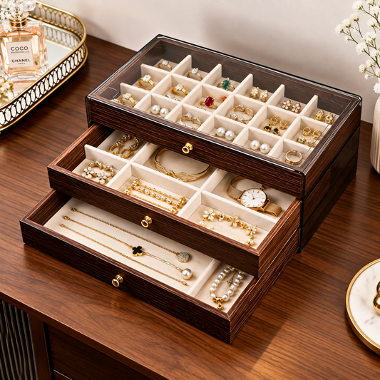 Three Layer Wooden Design Jewelry Organizer Drawer Box