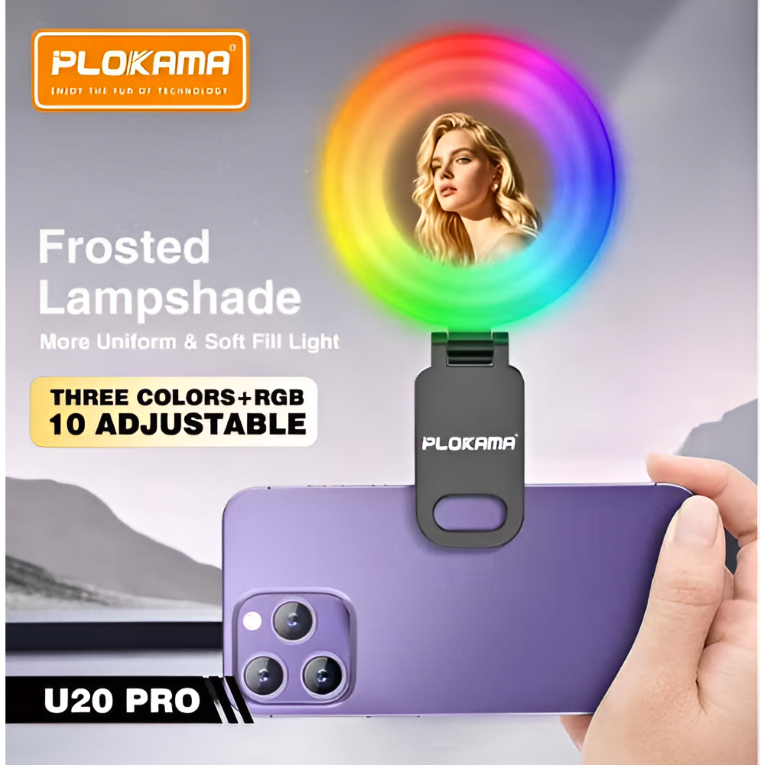 Plokama U20 Pro RGB LED Phone Clip Fill Light Selfie Ring Light with Mirror