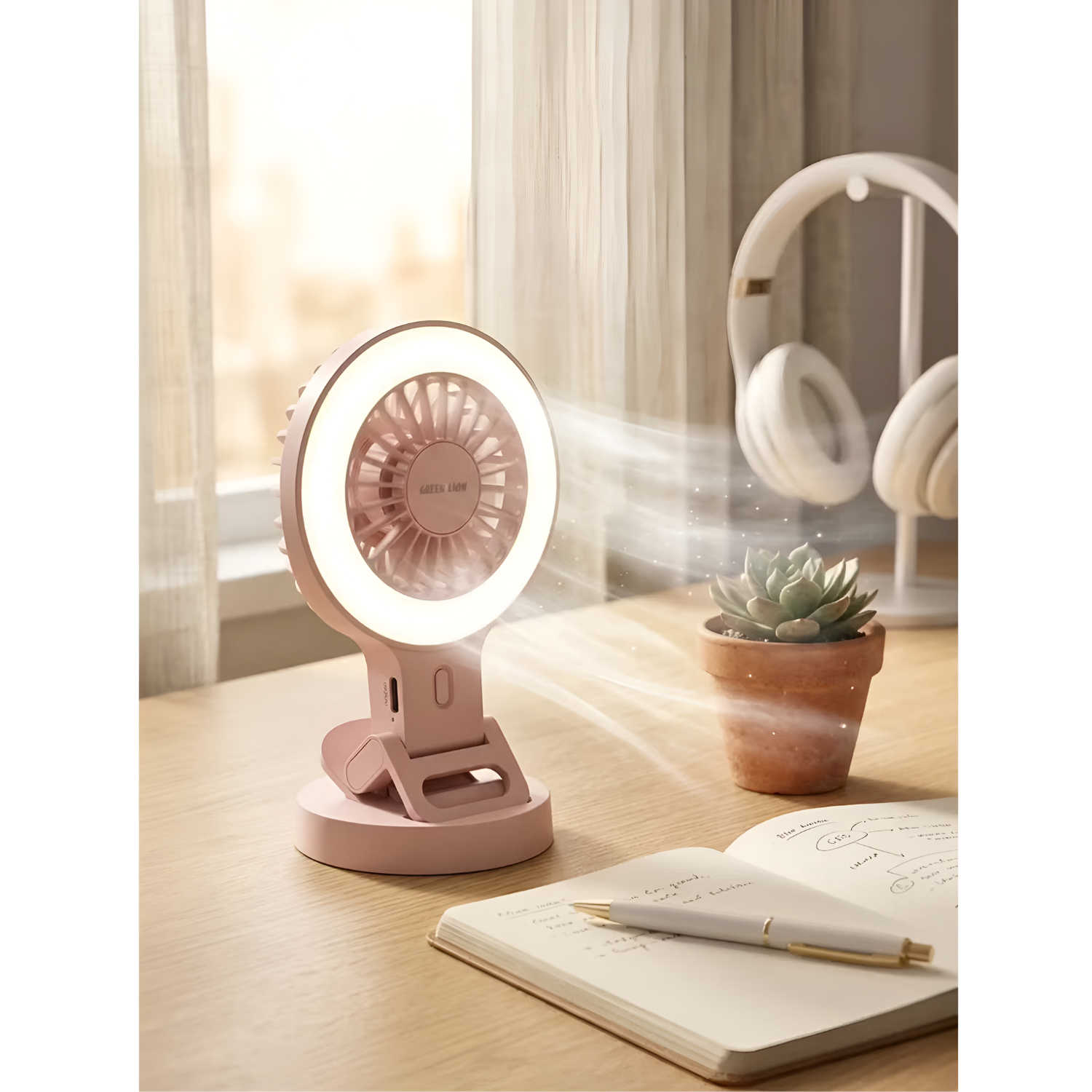 Green Lion Air Glow Clip On Rechargeable Fan with Ring Light