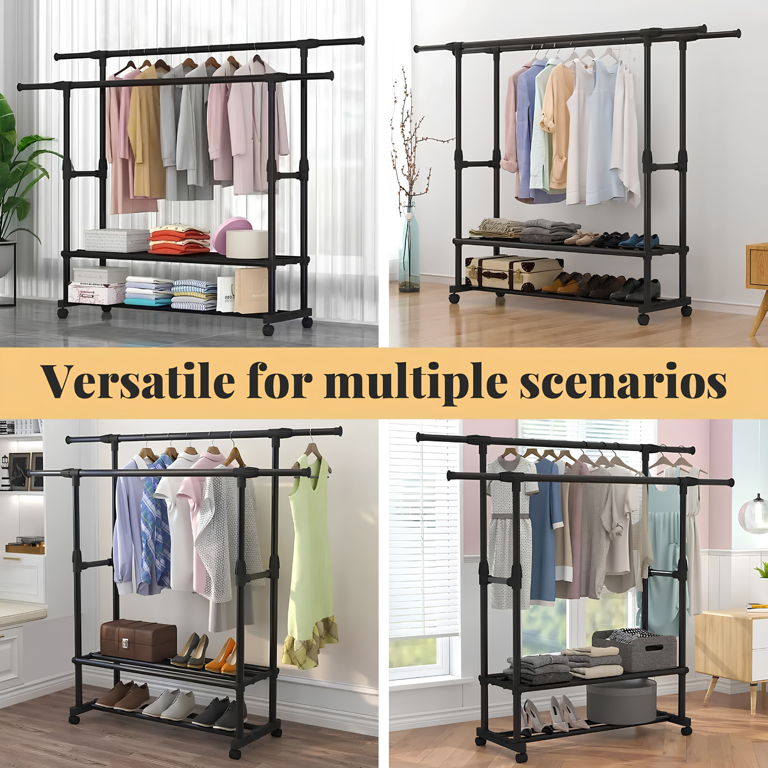 Extendable Double Rod Clothes Rack with Shoe Rack