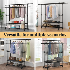 Extendable Double Rod Clothes Rack with Shoe Rack