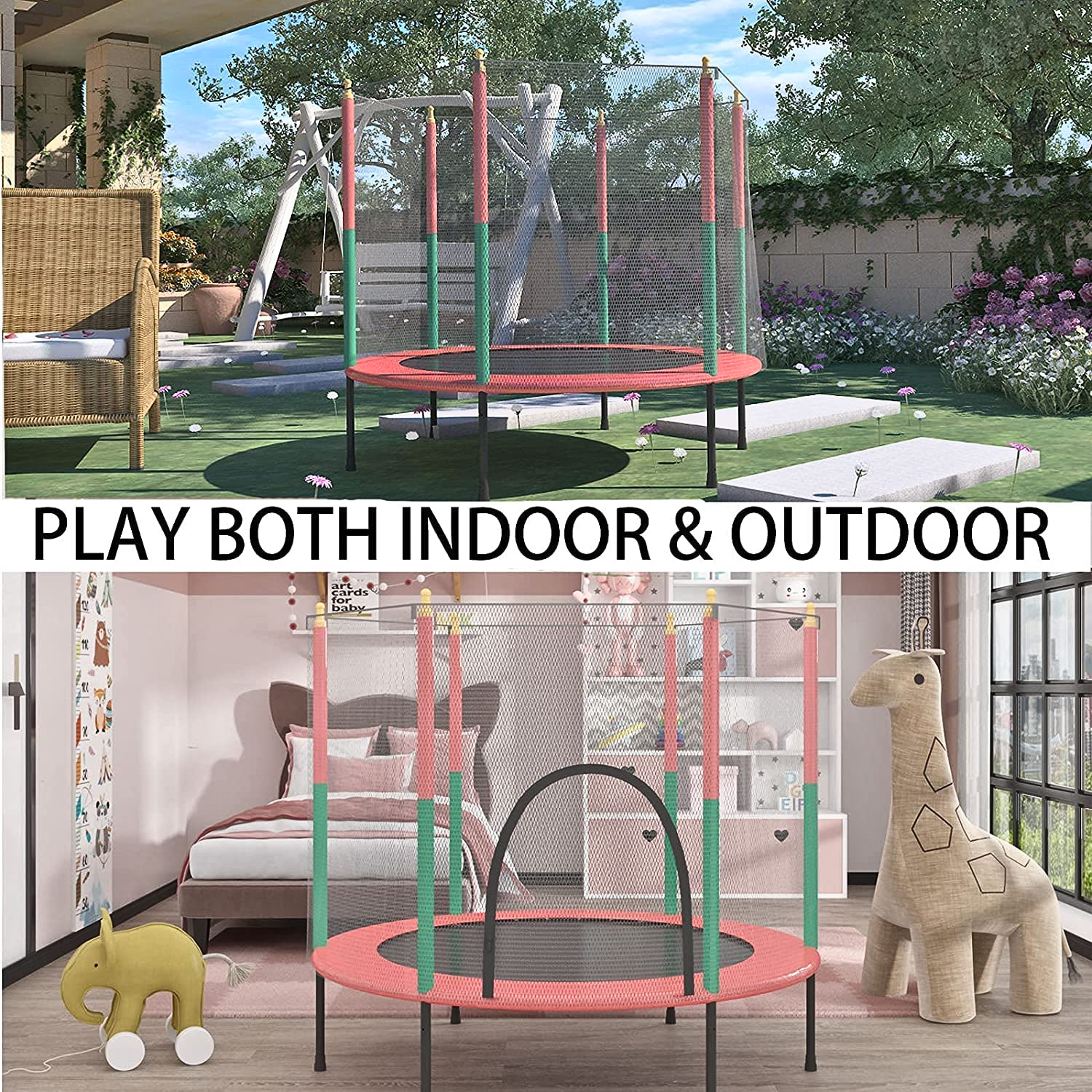Kids Jumping Trampoline with Safety Enclosure Net for Indoor Outdoor Play