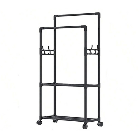 Double Clothes & Coat Hanging Rack with Storage Shelf and Wheel