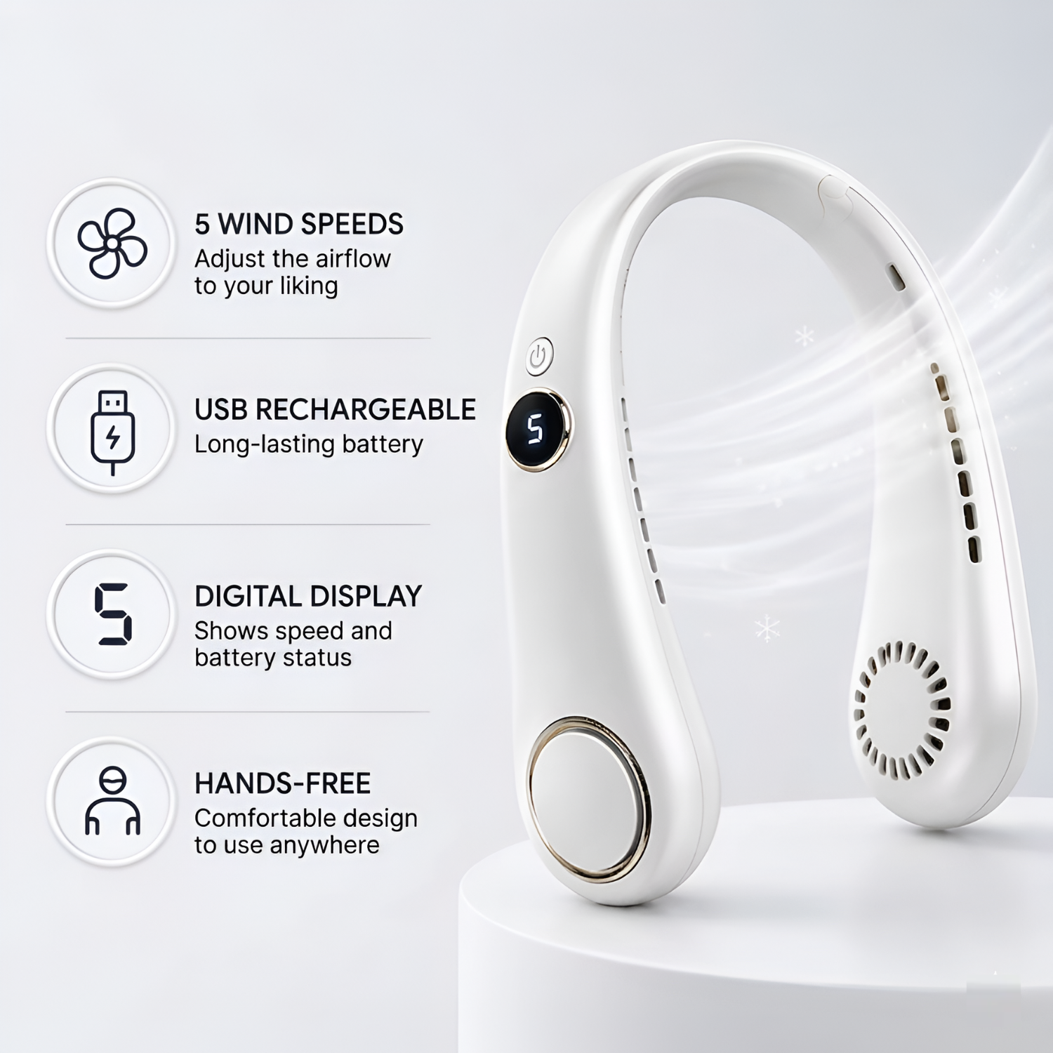 5 Speed Folding Neck Hanging Recharging Fan With Digital Display