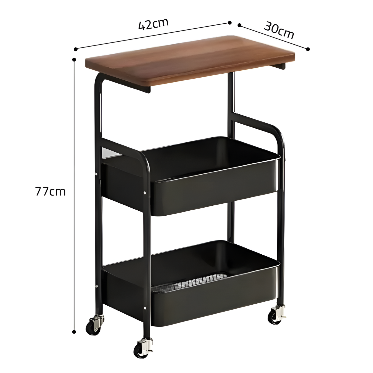 3-Tier Rolling Utility Cart With Wooden Tabletop & Lockable Wheels Black