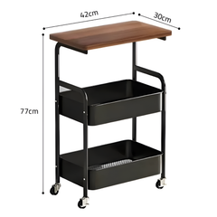 3-Tier Rolling Utility Cart With Wooden Tabletop & Lockable Wheels Black
