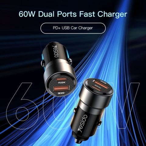 60W Fast Charging Car Charger Adapter - QC3.0+PD 30W, USB / USB Type-C - Yesido Y55