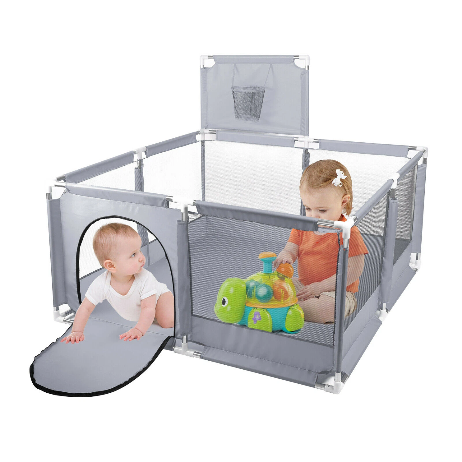 Baby Kids Playpen with Basketball Hoop, 126 x 126 cm Baby Play Yard Fence with 30 Balls Grey