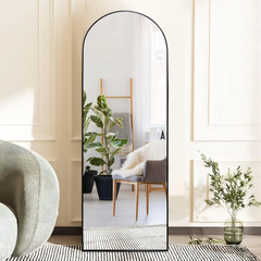 Full Length Life Size Floor Free-standing Arched Metal Frame Mirror Black