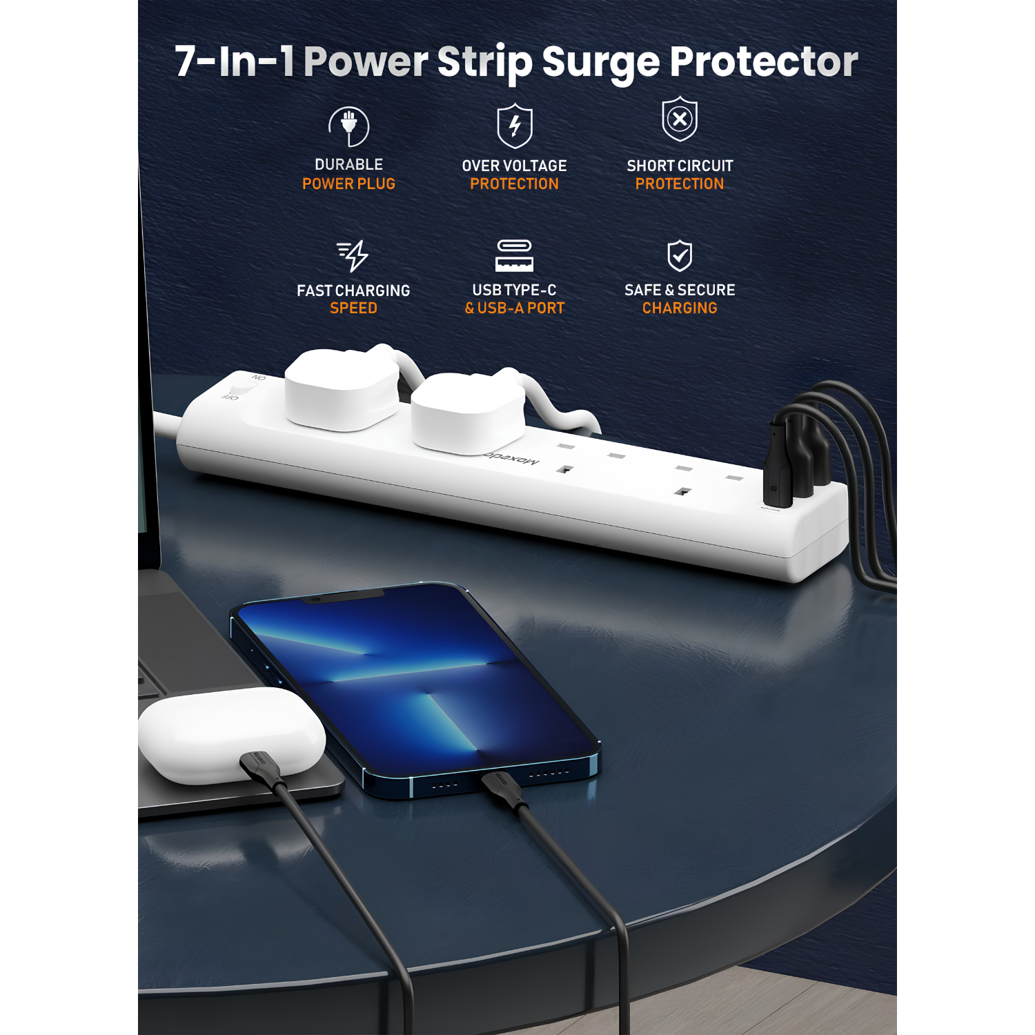 Moxedo 20W Power Strip Surge Protector 7-Way with USB-C PD, 2 USB-A, 4 AC Outlets and 2M Cable Length