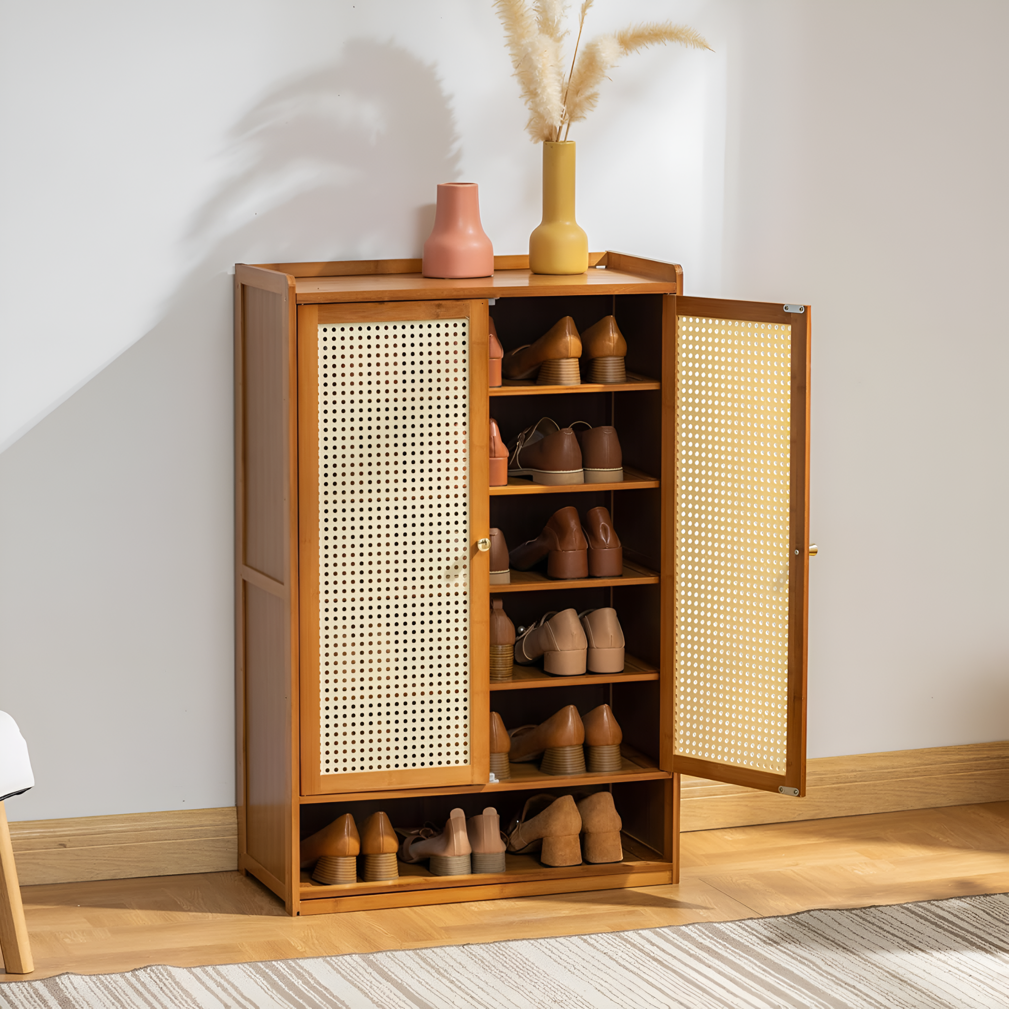 Wooden Shoe Rack with Retro Mesh Doors