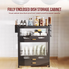 Dish Drainer Rack with Drawer & Lid Cover - Kitchen Countertop Storage Cabinet