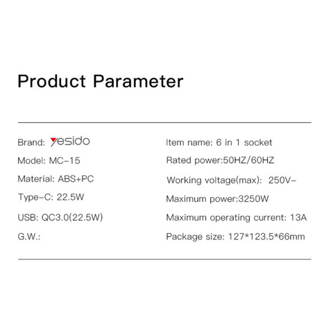 موزع طاقة ذكي مع شحن سريع USB PD QC - Yesido MC15